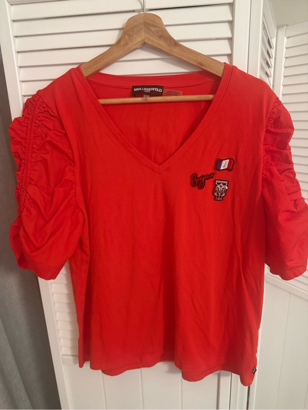 Karl Lagerfeld Bright Red V-Neck Puff Sleeve Tee